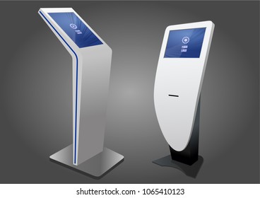 Two Promotional Interactive Information Kiosk, Advertising Display, Terminal Stand, Touch Screen Display. Mock Up Template.