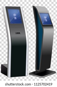 Two Promotional Interactive Information Kiosk, Advertising Display, Terminal Stand, Touch Screen Display isolated on transparent background. Mock Up Template.