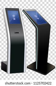 Two Promotional Interactive Information Kiosk, Advertising Display, Terminal Stand, Touch Screen Display isolated on transparent background. Mock Up Template.