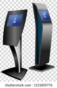 Two Promotional Interactive Information Kiosk, Advertising Display, Terminal Stand, Touch Screen Display isolated on transparent background. Mock Up Template.