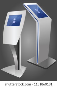 Two Promotional Interactive Information Kiosk, Advertising Display, Terminal Stand, Touch Screen Display. Mock Up Template.