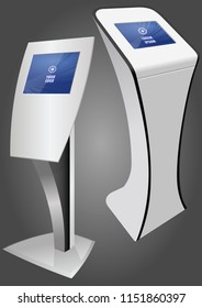 Two Promotional Interactive Information Kiosk, Advertising Display, Terminal Stand, Touch Screen Display. Mock Up Template.