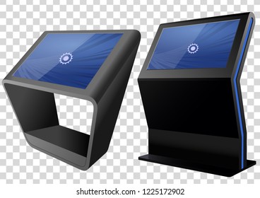 Two Promotional Interactive Information Kiosk, Advertising Display, Terminal Stand, Touch Screen Display isolated on transparent background. Mock Up Template.