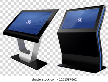Two Promotional Interactive Information Kiosk, Advertising Display, Terminal Stand, Touch Screen Display isolated on transparent background. Mock Up Template.