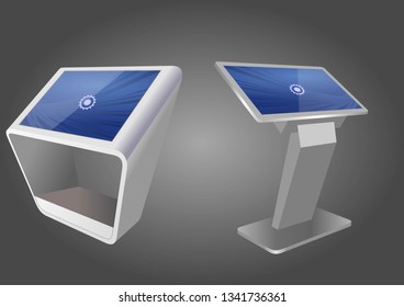 Two Promotional Interactive Information Kiosk, Advertising Display, Terminal Stand, Touch Screen Display. Mock Up Template.