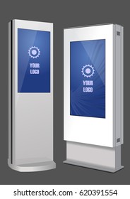 Two Promotional Interactive Information Kiosk, Advertising Display, Terminal Stand, Touch Screen Display. Mock Up Template.