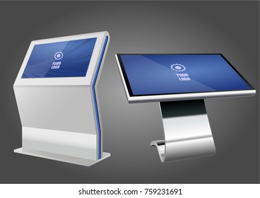 Two Promotional Interactive Information Kiosk, Advertising Display, Terminal Stand, Touch Screen Display. Mock Up Template.