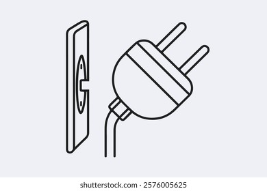 Two prong electric plug socket for electric instrument plug with socket board, two prong socket plug line and two ping plugs vector illustration.