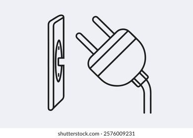 Two prong electric plug socket for electric instrument plug with socket board, two prong socket plug line and two ping plugs vector illustrations