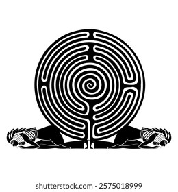 Two prostrated ancient Egyptian women holding a round spiral maze or labyrinth symbol. Creative concept. Black and white silhouette.