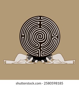 Two prostrated ancient Egyptian women holding a round spiral maze or labyrinth symbol. Creative concept.