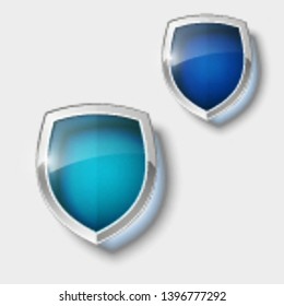 Two Protect guard color glass shield concept. Safety badge protection icon. Privacy transparent banner shield. Security glass label. Presentation 2 transparent sticker shield. Defense safeguard badge