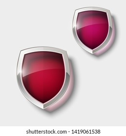 Two Protect guard color glass shield concept. Safety badge protection icon. Privacy transparent banner shield. Security glass label. Presentation 2 transparent sticker shield. Defense safeguard badge