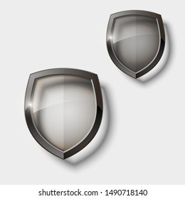 Two Protect guard color glass shield concept. Safety badge protection icon. Privacy transparent banner shield. Security glass label. Presentation 2 transparent sticker shield. Defense safeguard badge