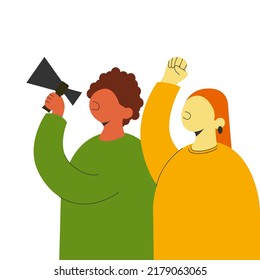 Two protesters with raised fists and megaphones at a demonstration. Color flat vector illustration