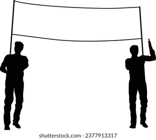 Two protestors or demonstrators at a demonstration march, picket line or strike protest rally in silhouette. Holding up a banner sign.