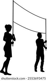 Two protestors or demonstrators at a demonstration march, picket line or strike protest rally in silhouette. Holding up a banner sign.