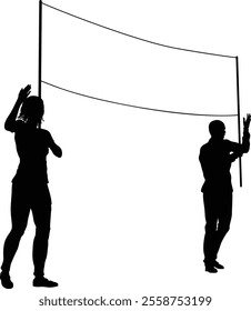 Two protestors or demonstrators at a demonstration march, picket line or strike protest rally in silhouette. Holding up a banner sign.