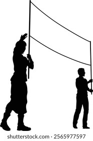 Two protestors or demonstrators at a demonstration march, picket line or strike protest rally in silhouette. Holding up a banner sign.