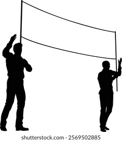 Two protestors or demonstrators at a demonstration march, picket line or strike protest rally in silhouette. Holding up a banner sign.