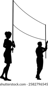 Two protestors or demonstrators at a demonstration march, picket line or strike protest rally in silhouette. Holding up a banner sign.