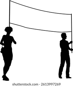 Two protestors or demonstrators at a demonstration march, picket line or strike protest rally in silhouette. Holding up a banner sign.