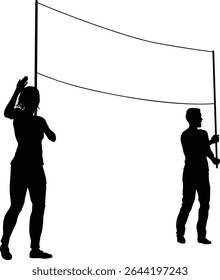 Two protestors or demonstrators at a demonstration march, picket line or strike protest rally in silhouette. Holding up a banner sign.