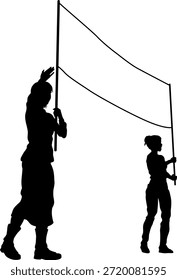Two protestors or demonstrators at a demonstration march, picket line or strike protest rally in silhouette. Holding up a banner sign.