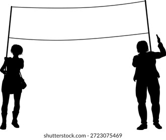Dois manifestantes ou manifestantes em uma marcha de demonstração, piquete ou protesto de greve em silhueta. Segurando uma placa de banner.