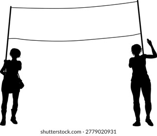 Two protestors or demonstrators at a demonstration march, picket line or strike protest rally in silhouette. Holding up a banner sign.