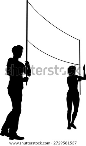 Two protestors or demonstrators at a demonstration march, picket line or strike protest rally in silhouette. Holding up a banner sign.