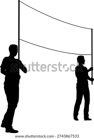 Two protestors or demonstrators at a demonstration march, picket line or strike protest rally in silhouette. Holding up a banner sign.