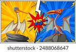 Two pterodactyls face off in a comic-style duel