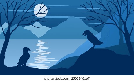 Two Puffins Perched on a Cliff by the Beach During a Full Moon - Beautiful 2d Landscapes Vector