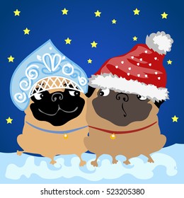 Two pug dogs in Christmas costumes Santa Claus and snow maiden. Sample of the poster, party invitation and other cards. Vector illustration.