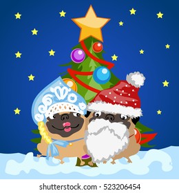 Two pug dogs in Christmas costumes Santa Claus and snow maiden on the background of the Christmas tree. Sample of the poster, party invitation and other cards. Vector illustration.