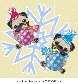 Two Pug Dogs in hat on the background of snowflake 