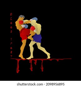 Two pugilistic kickboxer engaged in blood sport competition. Hand drawn vector illustration.