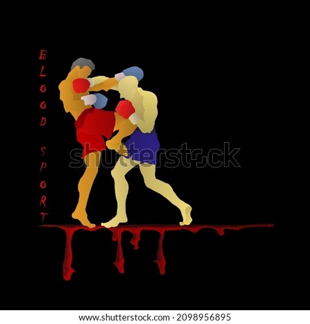 Two pugilistic kickboxer engaged in blood sport competition. Hand drawn vector illustration.