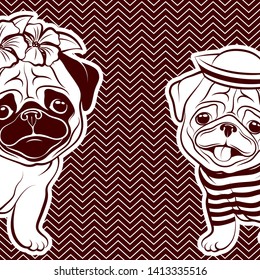 Two pugs puppy, girl and boy are sitting on a brown background with geometric ornament