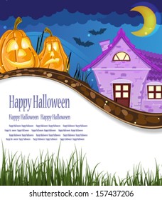 Two pumpkin heads near the brick house. Halloween scene with place for text
