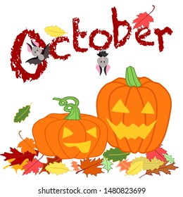 Two pumpkin lanterns bats autumn leaves and October text halloween vector illustration