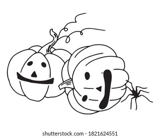 Two pumpkin lanterns for the holiday Halloween.  The spider is trying to carry away one pumpkin.  Vector.  Doodle.  Circuit.