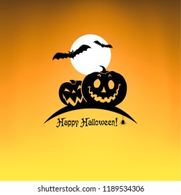 Two pumpkins and bats on a moon background