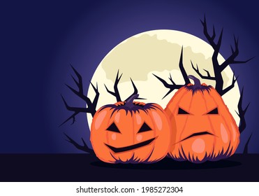 Dos calabazas con caras esculpidas de miedo sobre el fondo de las ramas y la luna. Calabazas para Halloween. 