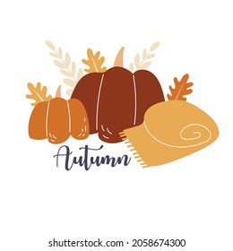 Two pumpkins and a cozy blanket. Text Autumn. Print for autumn design. Elements for postcards