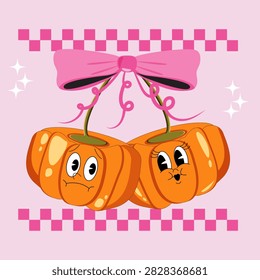 Two Pumpkins with Faces and Pink Bow Cartoon Illustration