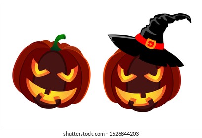 Two pumpkins for halloween. On one pumpkin is a witch's hat.