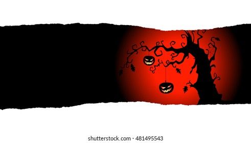 Two pumpkins are hanging on the tree. Halloween background with place for your text