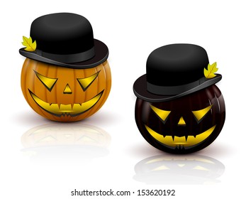 two pumpkins in hats, orange and black, with sparkling eyes and the devil's eyes